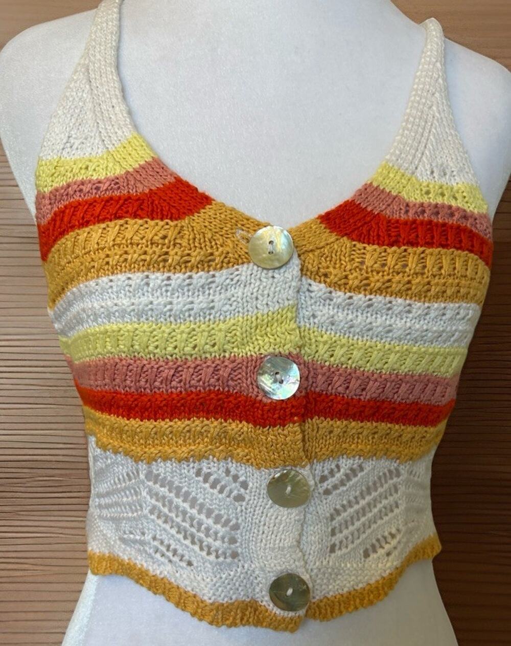 Crochet Crop Top M Striped Earth Tones Knit Boho Festival Sexy Hippie Jolie Joy